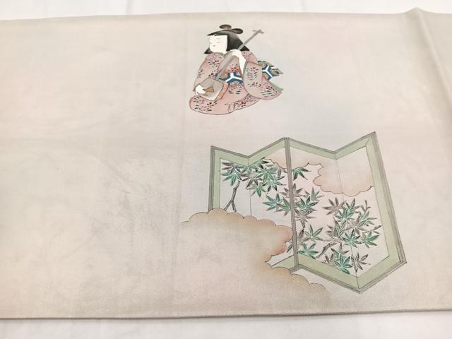 平和屋着物◎太鼓柄袋帯　手描き　人物楽器文　金銀彩　引箔　正絹　逸品　BAAW8989yc