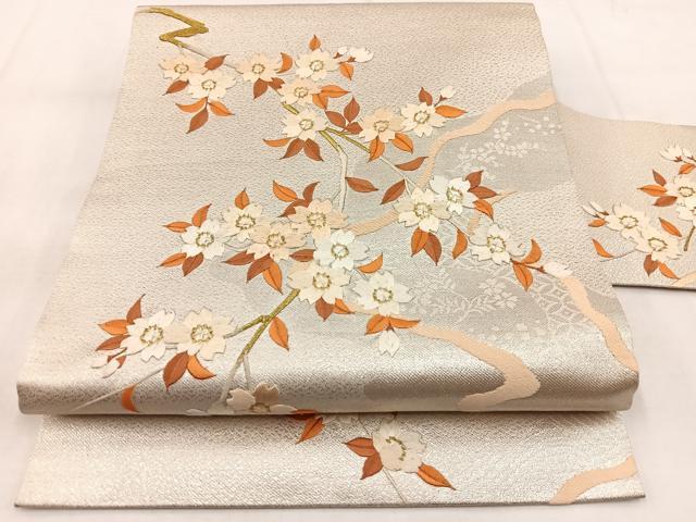 平和屋着物◎九寸名古屋帯 総刺繍 枝垂れ桜 金糸 正絹 逸品 BAAW8991yc