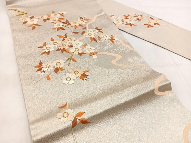 平和屋着物◎九寸名古屋帯 総刺繍 枝垂れ桜 金糸 正絹 逸品 BAAW8991yc