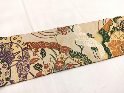 平和屋着物◎アンティーク 大正ロマン 九寸名古屋帯 唐織 飛鶴花文 金糸 正絹 逸品 BAAW8993yc