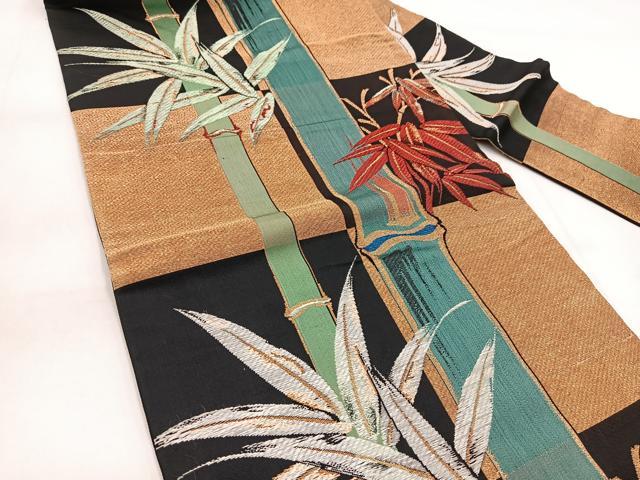 平和屋着物◎九寸名古屋帯 唐織 笹竹文 黒地 金糸 正絹 逸品 BAAW8996yc