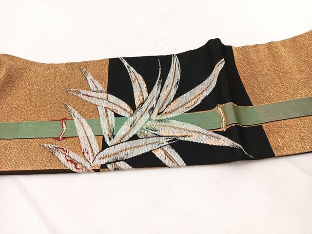 平和屋着物＊夏物　全通柄九寸名古屋帯　笹竹文　黒地　金糸　正絹　逸品　DAAX8973cm 平和屋着物＊夏物 全通柄九寸名古屋帯 笹竹文 黒地 金糸 正絹 逸品