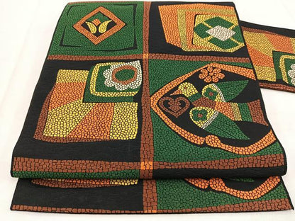 平和屋着物◎八寸名古屋帯　花鳥文　黒地　正絹　逸品　BAAW8997yc