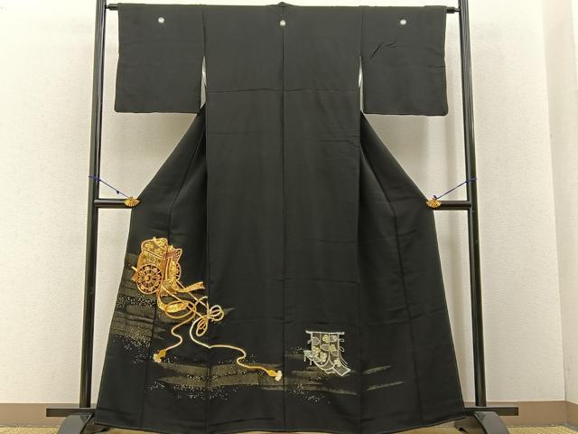 平和屋着物■豪華黒留袖　駒刺繍　寿光織　御所車文　金彩　正絹　逸品　BAAW9005hj