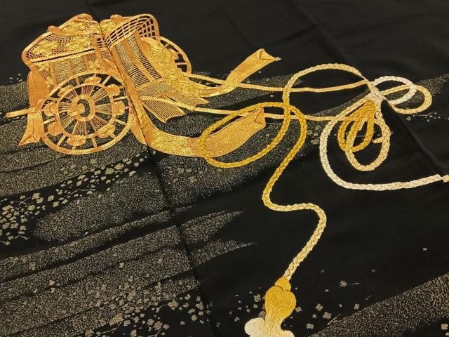 平和屋着物■豪華黒留袖　駒刺繍　寿光織　御所車文　金彩　正絹　逸品　BAAW9005hj