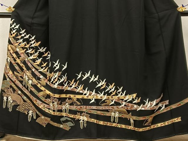 平和屋着物■豪華黒留袖　駒刺繍　飛鶴熨斗花文　金彩　正絹　逸品　BAAW9023hj