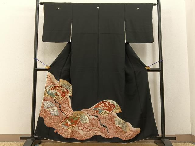 平和屋着物■豪華黒留袖　駒刺繍　群鶴扇面花文　金銀彩　正絹　逸品　BAAW9033hj