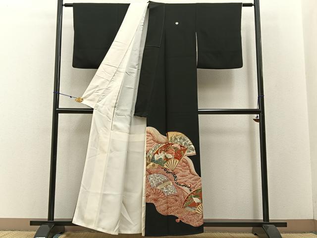 平和屋着物■豪華黒留袖　駒刺繍　群鶴扇面花文　金銀彩　正絹　逸品　BAAW9033hj