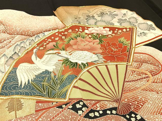 平和屋着物■豪華黒留袖　駒刺繍　群鶴扇面花文　金銀彩　正絹　逸品　BAAW9033hj