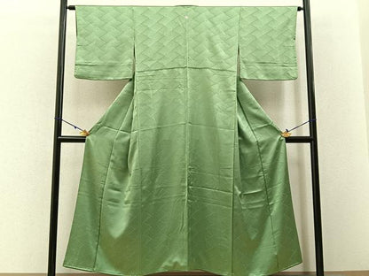 平和屋着物■上質な色無地　立波地紋　柳色　正絹　逸品　BAAW9147hj