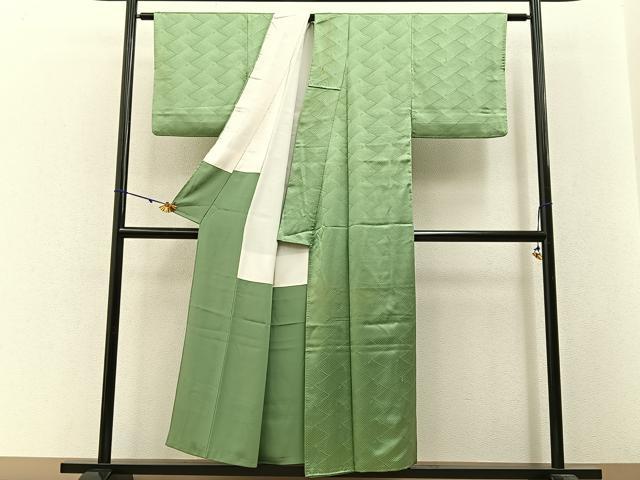 平和屋着物■上質な色無地　立波地紋　柳色　正絹　逸品　BAAW9147hj