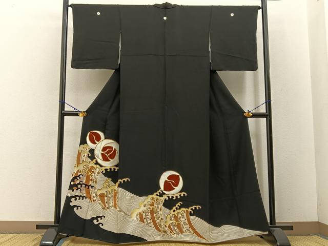 平和屋着物■豪華黒留袖　駒刺繍　飛鶴立波文　金彩　正絹　逸品　BAAW9154hj