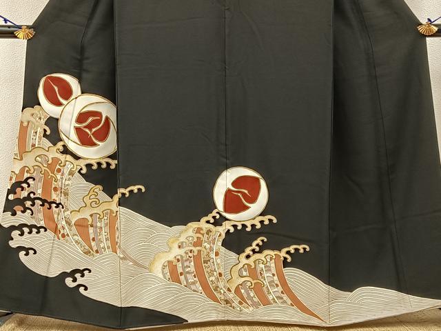 平和屋着物■豪華黒留袖　駒刺繍　飛鶴立波文　金彩　正絹　逸品　BAAW9154hj