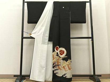 平和屋着物■豪華黒留袖　駒刺繍　飛鶴立波文　金彩　正絹　逸品　BAAW9154hj