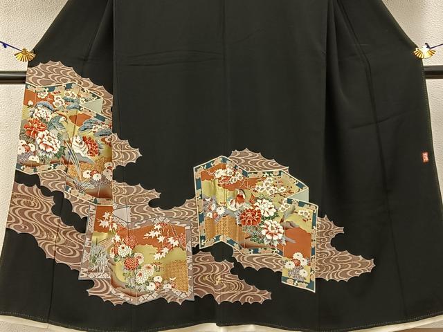 平和屋着物□豪華黒留袖 作家物 刺繍 屏風花鳥文 金彩 正絹 逸品