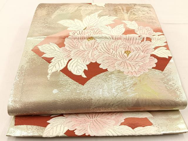 平和屋着物◎六通柄袋帯　唐織　春慶　地紙牡丹文　金銀糸　引箔　正絹　逸品　BAAW9175hj