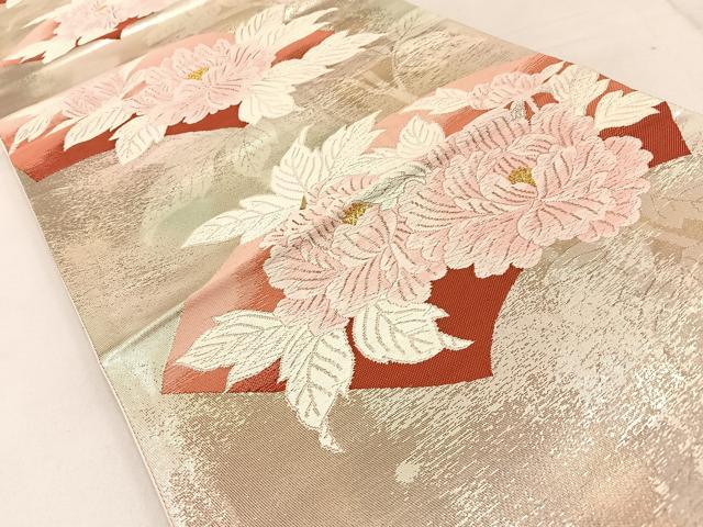 平和屋着物◎六通柄袋帯　唐織　春慶　地紙牡丹文　金銀糸　引箔　正絹　逸品　BAAW9175hj