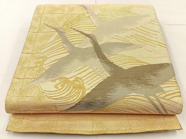 平和屋着物◎太鼓柄袋帯　山賀錦　光悦の鶴　金糸　正絹　逸品　BAAW9177hj
