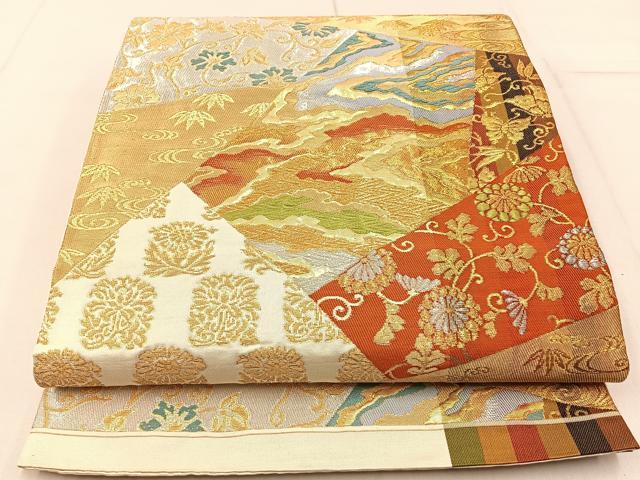 平和屋着物◎六通柄袋帯　唐織　切嵌更紗花文　金銀糸　正絹　逸品　BAAW9179hj