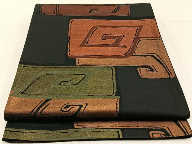 平和屋着物◎六通柄袋帯　抽象文様　黒地　金糸　正絹　逸品　BAAW9184hj