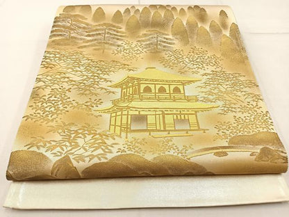 平和屋着物◎太鼓柄袋帯 作家物 手描き 金閣寺 金彩 引箔 正絹 逸品 BAAW9190hj