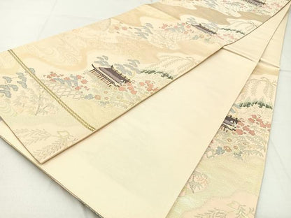 平和屋着物◎六通柄袋帯　唐織　風景花文　金銀糸　正絹　逸品　BAAW9194hj