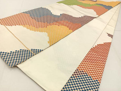平和屋着物◎六通柄　本袋帯　市松道長文様　金糸　正絹　逸品　BAAW9199hj