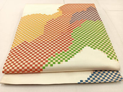 平和屋着物◎六通柄　本袋帯　市松道長文様　金糸　正絹　逸品　BAAW9199hj
