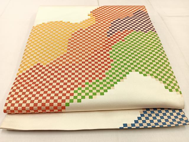平和屋着物◎六通柄　本袋帯　市松道長文様　金糸　正絹　逸品　BAAW9199hj