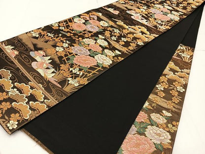 平和屋着物◎六通柄袋帯 唐織 鴛鴦花文 金糸 正絹 逸品 BAAW9204hj