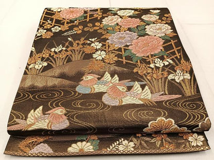 平和屋着物◎六通柄袋帯 唐織 鴛鴦花文 金糸 正絹 逸品 BAAW9204hj