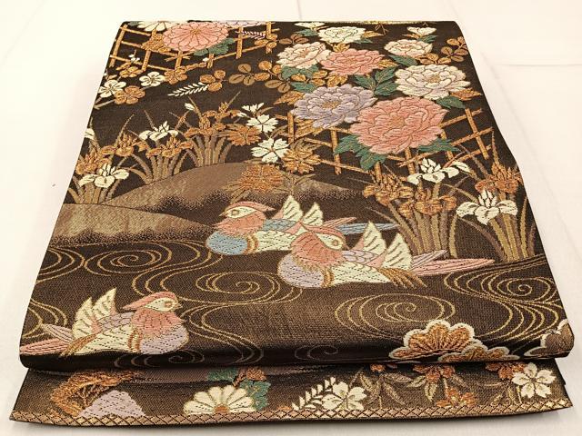 平和屋着物◎六通柄袋帯 唐織 鴛鴦花文 金糸 正絹 逸品 BAAW9204hj