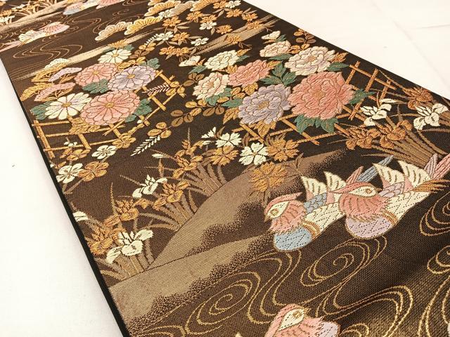 平和屋着物◎六通柄袋帯 唐織 鴛鴦花文 金糸 正絹 逸品 BAAW9204hj