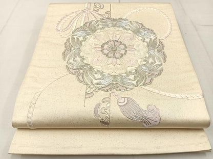 平和屋着物◎太鼓柄袋帯 総刺繍 駒刺繍 正倉院結び紐文 銀糸 正絹 逸品 BAAW9207hj