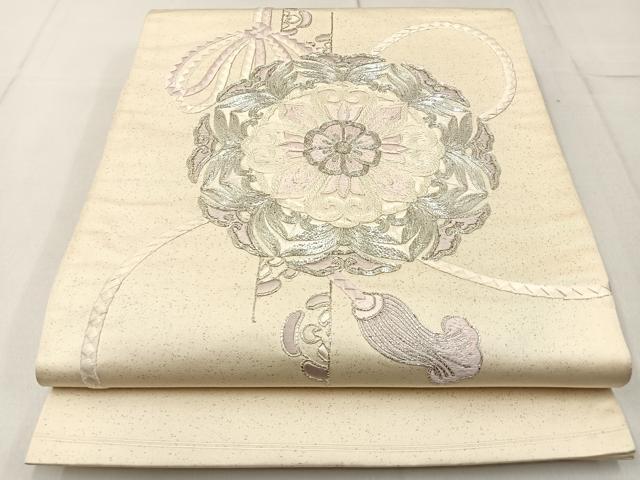 平和屋着物◎太鼓柄袋帯 総刺繍 駒刺繍 正倉院結び紐文 銀糸 正絹 逸品 BAAW9207hj