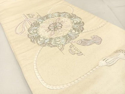 平和屋着物◎太鼓柄袋帯 総刺繍 駒刺繍 正倉院結び紐文 銀糸 正絹 逸品 BAAW9207hj