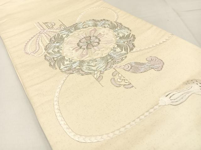平和屋着物◎太鼓柄袋帯 総刺繍 駒刺繍 正倉院結び紐文 銀糸 正絹 逸品 BAAW9207hj