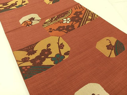 平和屋着物◎六通柄袋帯　紬地　枝梅文　正絹　逸品　BAAW9208hj