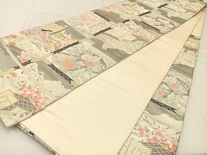 平和屋着物◎六通柄袋帯 唐織 平安人物文 彩錦 プラチナ箔 正絹 逸品 BAAW9211hj