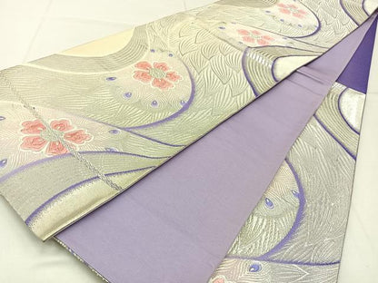 平和屋着物◎六通柄袋帯 唐織 孔雀羽花文 銀糸 正絹 逸品 BAAW9216hj