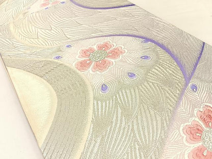 平和屋着物◎六通柄袋帯 唐織 孔雀羽花文 銀糸 正絹 逸品 BAAW9216hj