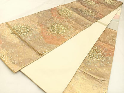 平和屋着物◎六通柄袋帯　亀甲正倉院花文　金糸　引箔　正絹　逸品　BAAW9341hj