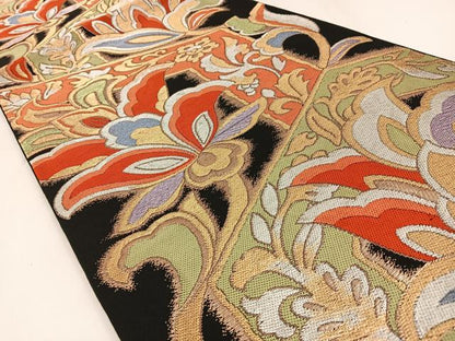 平和屋着物◎六通柄 本袋帯 更紗花文 黒地 金銀糸 正絹 逸品 BAAW9358hj