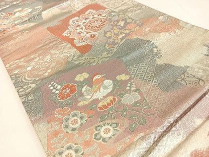 平和屋着物◎西陣の名門織元　いづくら謹製　六通柄袋帯　唐織　破れ色紙花鳥文　金銀糸　正絹　逸品　BAAW9369hj