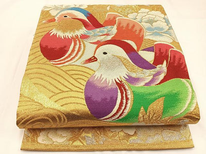 平和屋着物◎六通柄袋帯　唐織　鴛鴦牡丹文　金銀糸　正絹　逸品　BAAW9391hj