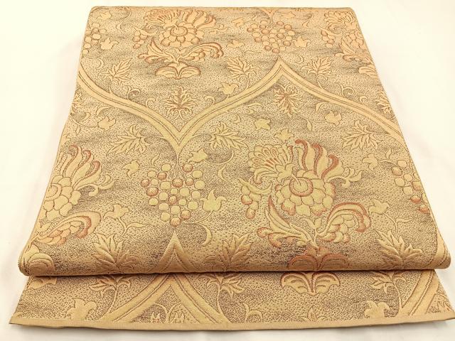 平和屋着物◎六通柄　本袋帯　ふくれ織　更紗花文　金糸　正絹　逸品　BAAW9392hj