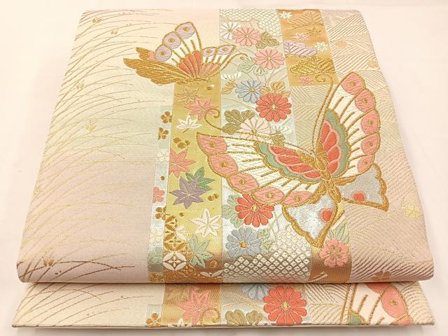 平和屋着物◎六通柄袋帯　唐織　綾綴　短冊蝶花文　金銀糸　正絹　逸品　BAAW9394hj