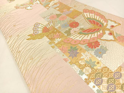 平和屋着物◎六通柄袋帯　唐織　綾綴　短冊蝶花文　金銀糸　正絹　逸品　BAAW9394hj