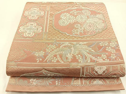 平和屋着物◎六通柄袋帯　唐織　格天井鳳凰花文　銀糸　正絹　逸品　BAAW9399hj