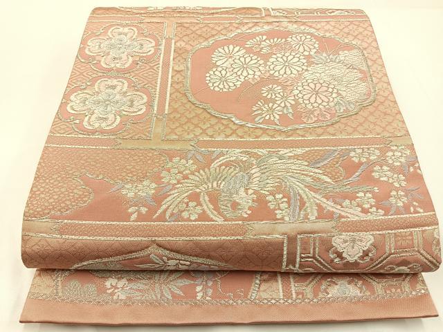 平和屋着物◎六通柄袋帯　唐織　格天井鳳凰花文　銀糸　正絹　逸品　BAAW9399hj